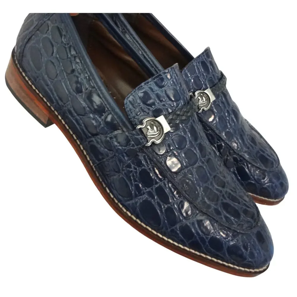 Vintage Stacy Adams Bellucci BLUE Croc Embossed Braided Bit Leather Loafer Men 9